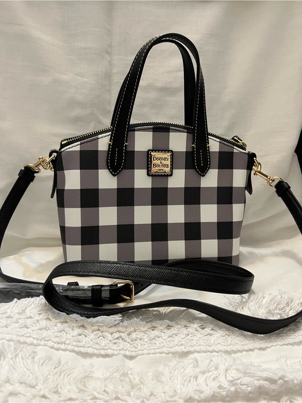 Dooney & Bourke Printed Coated Cotton Ruby Satchel - Black & White Buffalo Plaid